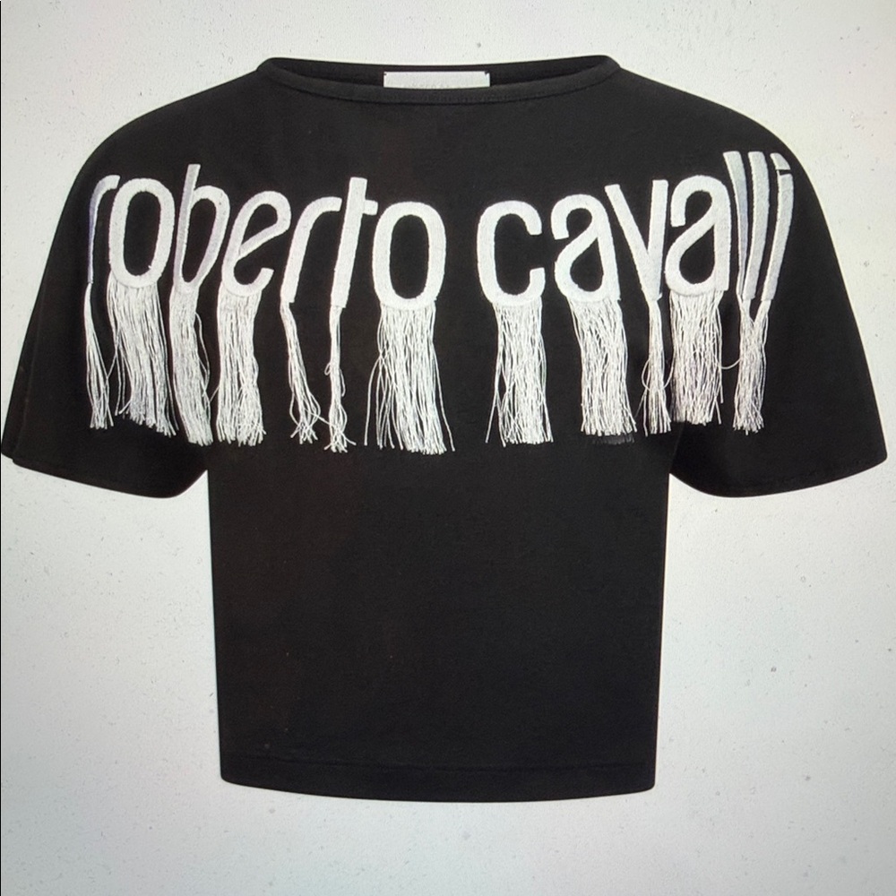 Roberto Cavalli Black and White Fringe Tee